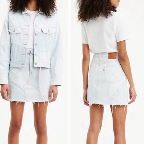Levi’s High Rise Light Wash Deconstructed Jean Patchwork Raw Hem Skirt NWT 28 - Picture 1 of 16